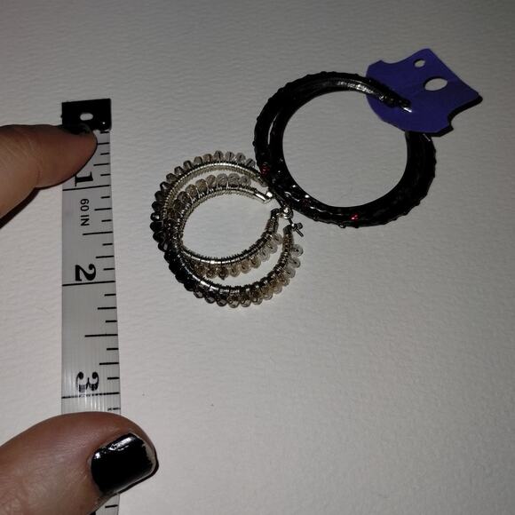 Lot of 2 Fashion Jewelry Black Red Jewel & Silver Tone Latch-Back Hoop Earrings - Picture 5 of 5